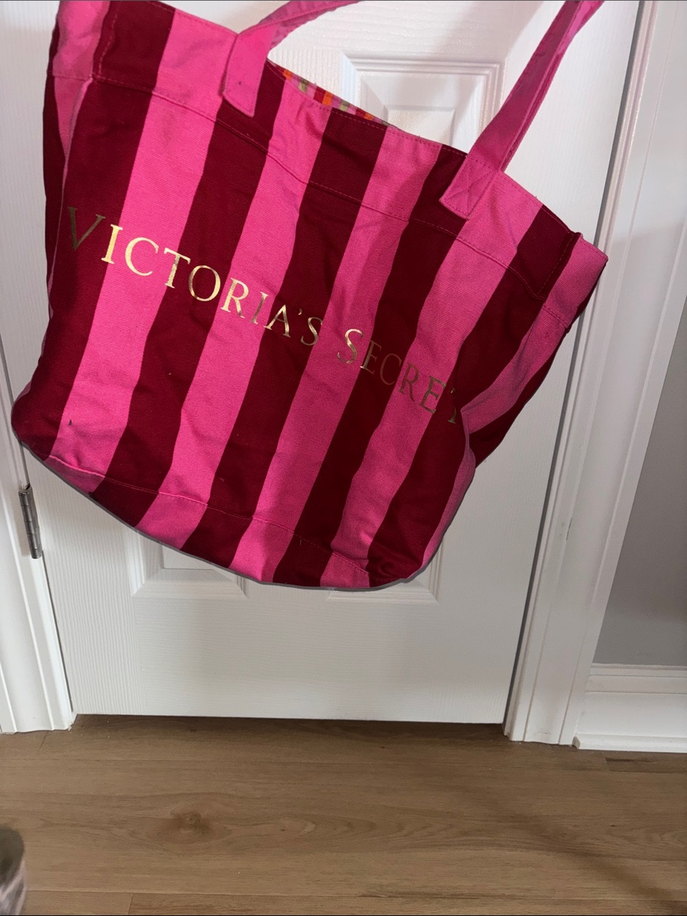 Victoria's Secret Canvas Tote in Hot Pink and Dark Pink Stripes